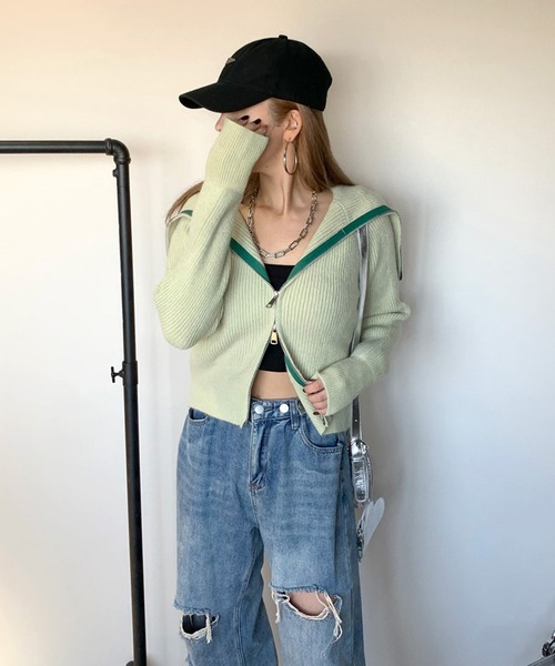 non-hedge(ノンヘッジ)の「テープ配色ダブルジップカーディガン(カーディガン/ボレロ・レディース・ブラック/グリーン/グレー・FREE)」の12枚目の写真