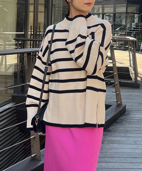 un dix cors(アンディコール)の「片畦サイドZIPボーダーニット(ニット/セーター・レディース・グレー/オフホワイト・FREE)」の3枚目の写真