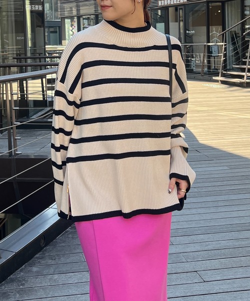 un dix cors(アンディコール)の「片畦サイドZIPボーダーニット(ニット/セーター・レディース・グレー/オフホワイト・FREE)」の4枚目の写真