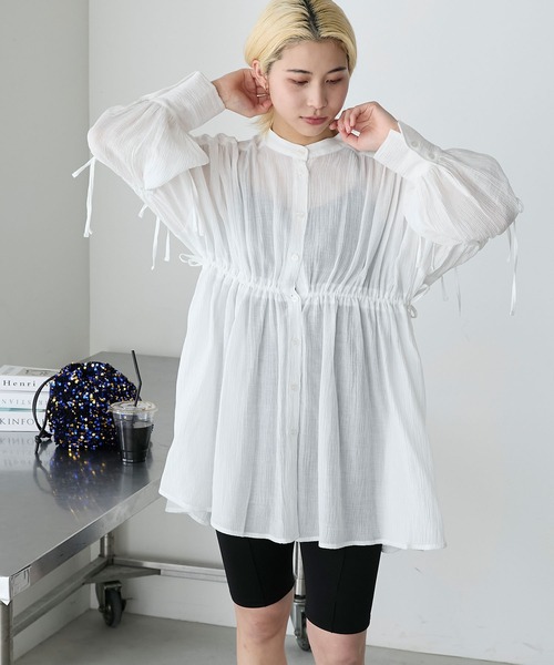 forksy.（フォルクシー）の「【forksy.】クレープシアーシャーリングリボンシャツ（シャツワンピース・レディース・ブルー/オフホワイト/ベージュ・FREE）」の4枚目の写真