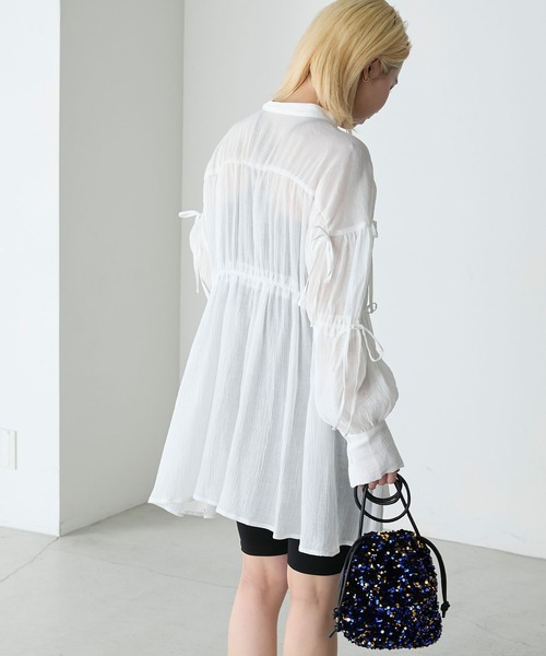 forksy.（フォルクシー）の「【forksy.】クレープシアーシャーリングリボンシャツ（シャツワンピース・レディース・ブルー/オフホワイト/ベージュ・FREE）」の8枚目の写真