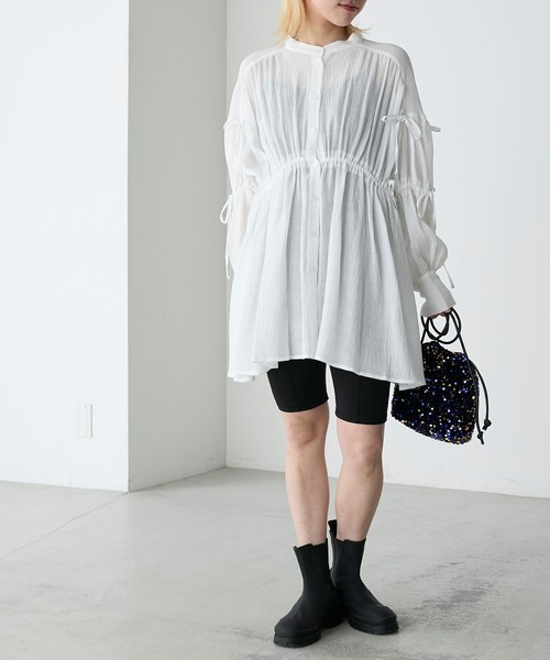 forksy.（フォルクシー）の「【forksy.】クレープシアーシャーリングリボンシャツ（シャツワンピース・レディース・ブルー/オフホワイト/ベージュ・FREE）」の10枚目の写真