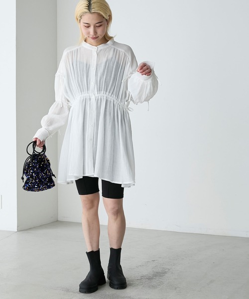 forksy.（フォルクシー）の「【forksy.】クレープシアーシャーリングリボンシャツ（シャツワンピース・レディース・ブルー/オフホワイト/ベージュ・FREE）」の11枚目の写真