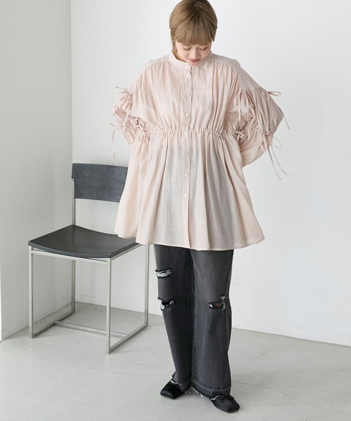 forksy.（フォルクシー）の「【forksy.】クレープシアーシャーリングリボンシャツ（シャツワンピース・レディース・ブルー/オフホワイト/ベージュ・FREE）」の21枚目の写真