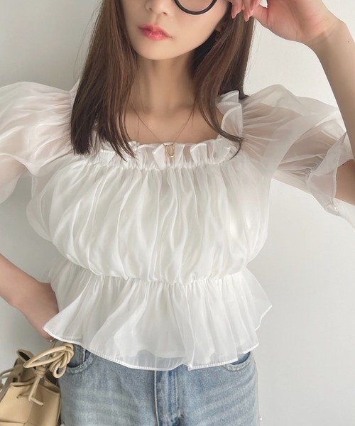 Ada.(エイダ)の「2WAY オフショル シアー ギャザー ブラウス(シャツ/ブラウス・レディース・ブラック/ライトブルー/ホワイト/グレー・FREE)」の7枚目の写真