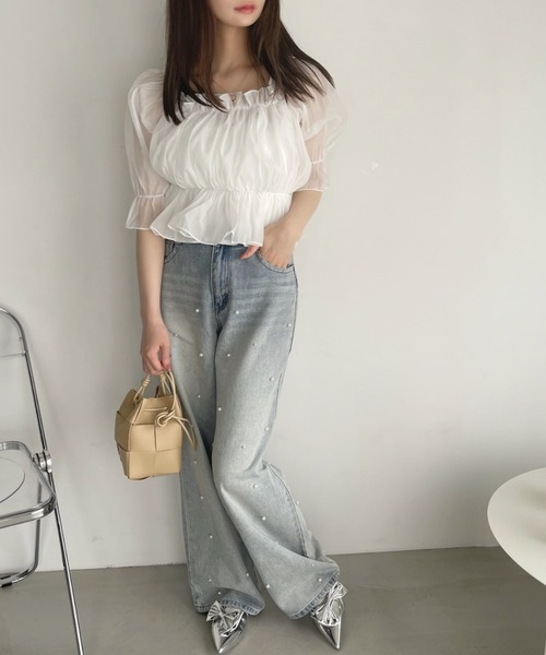 Ada.(エイダ)の「2WAY オフショル シアー ギャザー ブラウス(シャツ/ブラウス・レディース・ブラック/ライトブルー/ホワイト/グレー・FREE)」の13枚目の写真