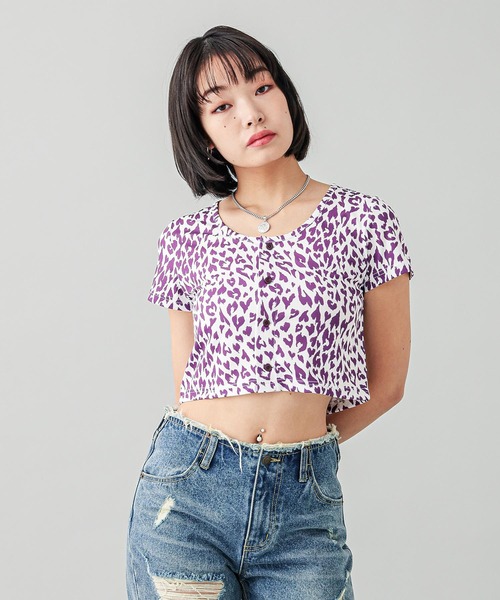 X-girl（エックスガール）の「HEART LEOPARD CARDIGAN（Tシャツ