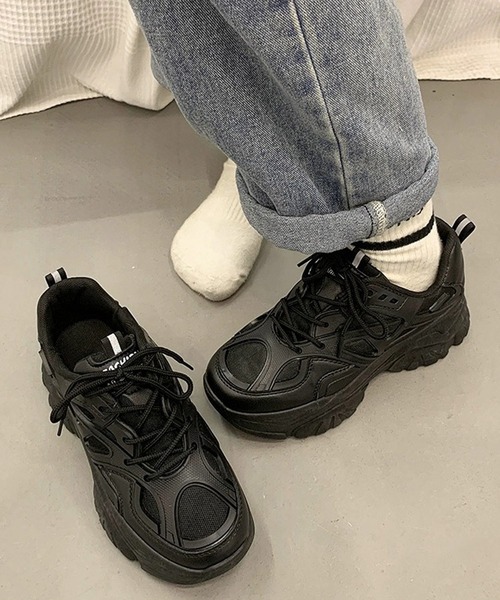 【即日発送】ブラック 厚底スニーカー 23.5〜24.0 モード 古着 韓国系 厚底ダッドスニーカー ボリュームソール 韓国風 ダッドシューズ 韓国