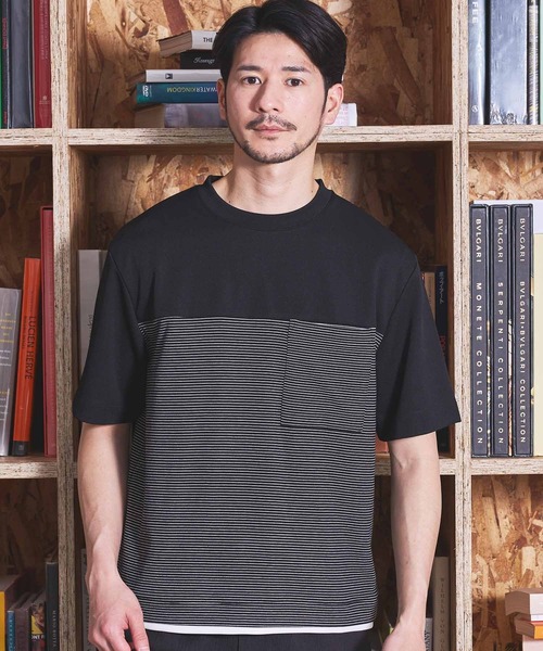 UNION STATION(ユニオンステーション)の「ボーダー天竺×ストレッチカルゼTシャツ(Tシャツ/カットソー・メンズ・ホワイト/ブラック・LL/L/M)」の1枚目の写真