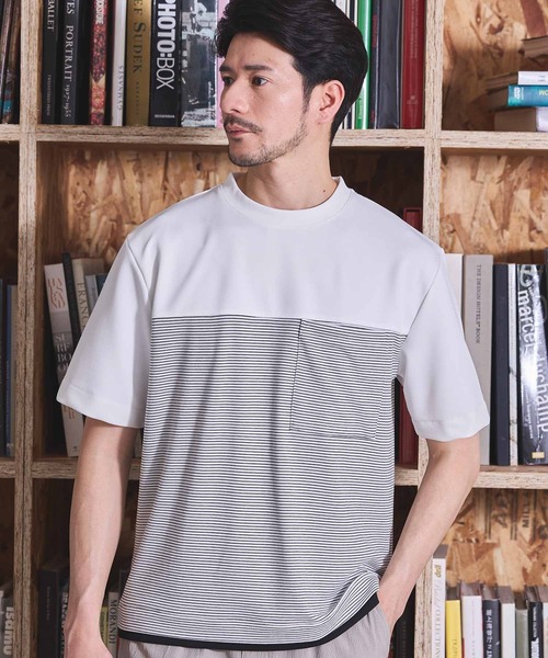 UNION STATION(ユニオンステーション)の「ボーダー天竺×ストレッチカルゼTシャツ(Tシャツ/カットソー・メンズ・ホワイト/ブラック・LL/L/M)」の7枚目の写真