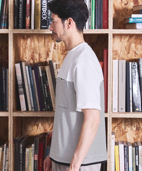 UNION STATION(ユニオンステーション)の「ボーダー天竺×ストレッチカルゼTシャツ(Tシャツ/カットソー・メンズ・ホワイト/ブラック・LL/L/M)」の10枚目の写真