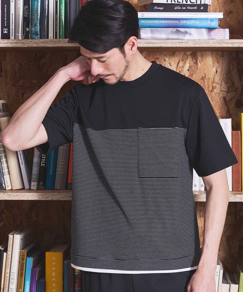 UNION STATION(ユニオンステーション)の「ボーダー天竺×ストレッチカルゼTシャツ(Tシャツ/カットソー・メンズ・ホワイト/ブラック・LL/L/M)」の15枚目の写真