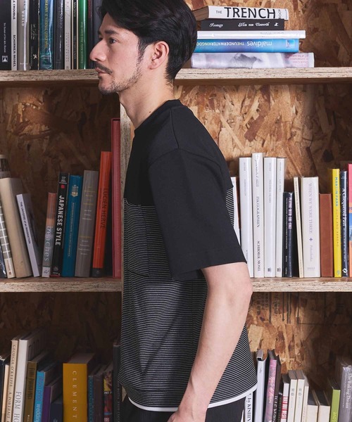 UNION STATION(ユニオンステーション)の「ボーダー天竺×ストレッチカルゼTシャツ(Tシャツ/カットソー・メンズ・ホワイト/ブラック・LL/L/M)」の3枚目の写真