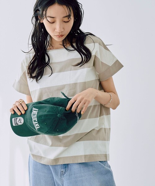 coen（コーエン）の「【WEB限定】ワイドボーダーフレンチスリーブTシャツ（Tシャツ/カットソー・レディース・ベージュ/ブラック/ネイビー/ブラウン・M/L）」の3枚目の写真