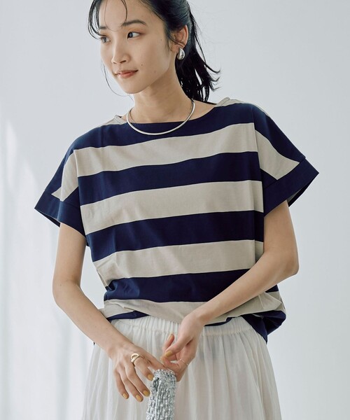 coen（コーエン）の「【WEB限定】ワイドボーダーフレンチスリーブTシャツ（Tシャツ/カットソー・レディース・ベージュ/ブラック/ネイビー/ブラウン・M/L）」の4枚目の写真