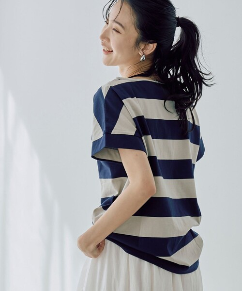 coen（コーエン）の「【WEB限定】ワイドボーダーフレンチスリーブTシャツ（Tシャツ/カットソー・レディース・ベージュ/ブラック/ネイビー/ブラウン・M/L）」の6枚目の写真