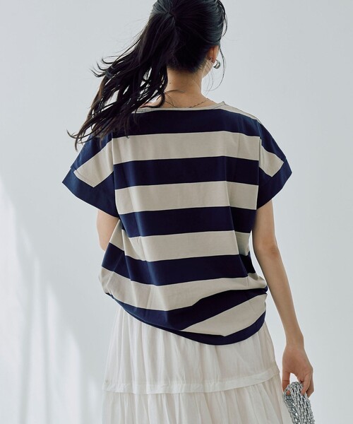 coen（コーエン）の「【WEB限定】ワイドボーダーフレンチスリーブTシャツ（Tシャツ/カットソー・レディース・ベージュ/ブラック/ネイビー/ブラウン・M/L）」の8枚目の写真