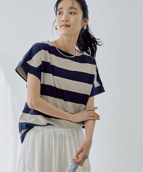 coen（コーエン）の「【WEB限定】ワイドボーダーフレンチスリーブTシャツ（Tシャツ/カットソー・レディース・ベージュ/ブラック/ネイビー/ブラウン・M/L）」の9枚目の写真