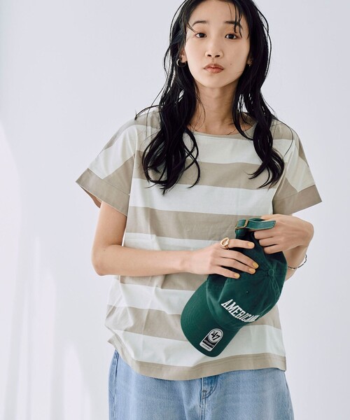 coen（コーエン）の「【WEB限定】ワイドボーダーフレンチスリーブTシャツ（Tシャツ/カットソー・レディース・ベージュ/ブラック/ネイビー/ブラウン・M/L）」の15枚目の写真