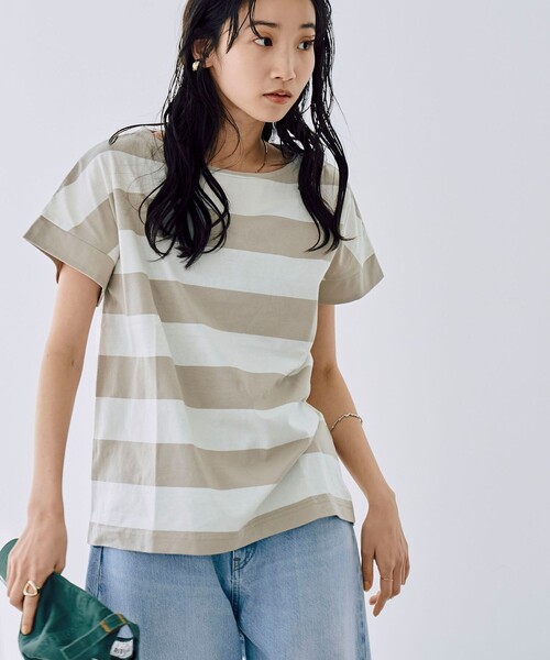 coen（コーエン）の「【WEB限定】ワイドボーダーフレンチスリーブTシャツ（Tシャツ/カットソー・レディース・ベージュ/ブラック/ネイビー/ブラウン・M/L）」の18枚目の写真
