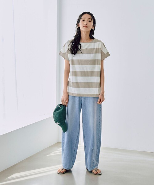 coen（コーエン）の「【WEB限定】ワイドボーダーフレンチスリーブTシャツ（Tシャツ/カットソー・レディース・ベージュ/ブラック/ネイビー/ブラウン・M/L）」の19枚目の写真