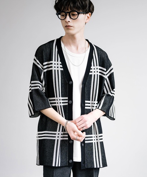 接触冷感 オーバーサイズチェック柄サマーニットカーディガン