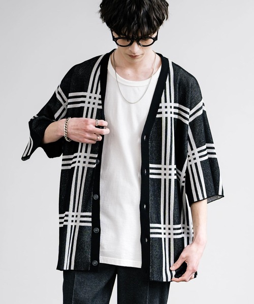接触冷感 オーバーサイズチェック柄サマーニットカーディガン