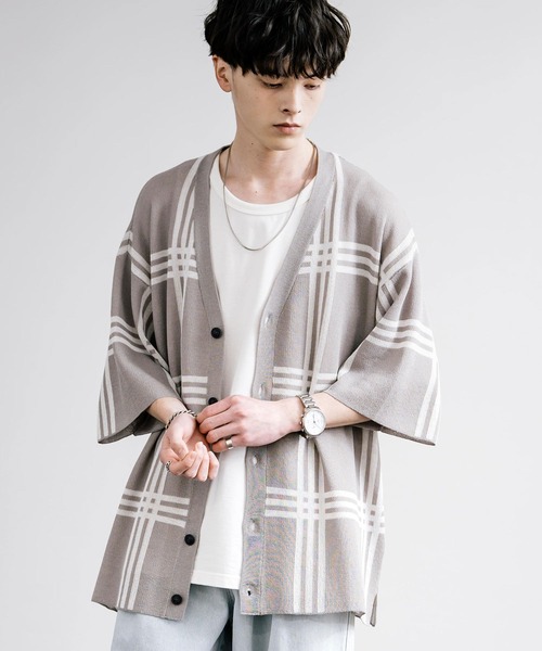 接触冷感 オーバーサイズチェック柄サマーニットカーディガン