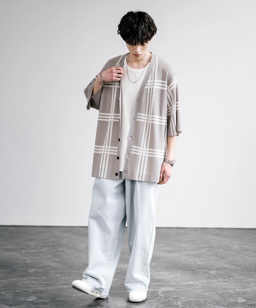 接触冷感 オーバーサイズチェック柄サマーニットカーディガン（カーディガン/ボレロ）｜Rocky Monroe（ロッキーモンロー）