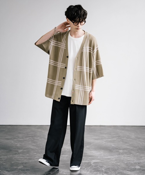 接触冷感 オーバーサイズチェック柄サマーニットカーディガン