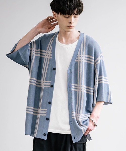 接触冷感 オーバーサイズチェック柄サマーニットカーディガン（カーディガン/ボレロ）｜Rocky Monroe（ロッキーモンロー）