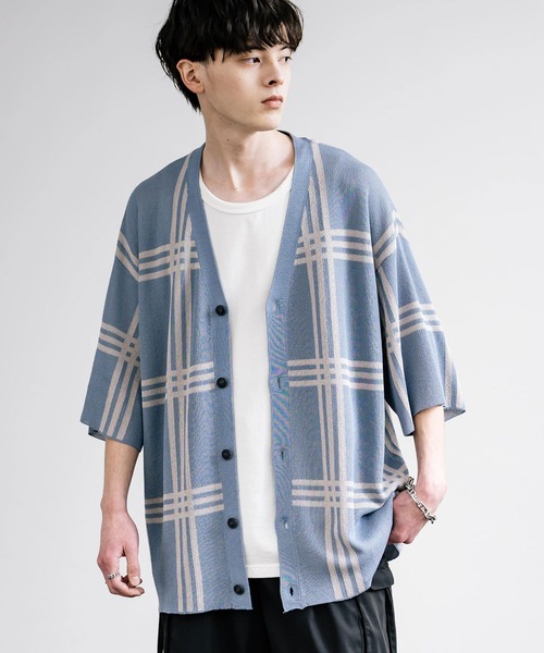 接触冷感 オーバーサイズチェック柄サマーニットカーディガン