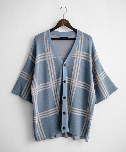 接触冷感 オーバーサイズチェック柄サマーニットカーディガン