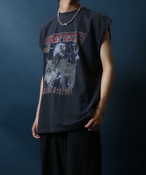 ANPAS（アンパス）の「Vintage Design Pigment No Sleeve Shirts/ピグメント加工 オーバーサイズ ヴィンテージライク ロックプリント ノースリーブシャツ レディース メンズ（タンクトップ・メンズ・ブラック系その他2/ブラック系その他/ブラック系その他3・M/L）」の2枚目の写真