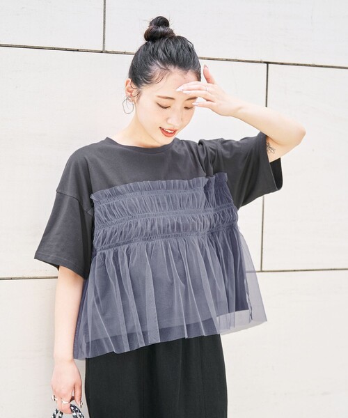 【タグ付き】カットソー　半袖Tシャツ　ロング　フリル　チュール　ロゴ タグ付き】カットソー 半袖Tシャツ ロング フリル チュール ロゴ