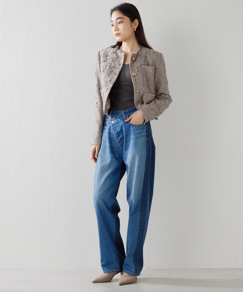 Whim Gazette（ウィムガゼット）の「レースジャケット（ノーカラージャケット・レディース・オフホワイト/モカ・FREE）」の5枚目の写真