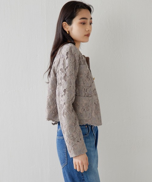 Whim Gazette（ウィムガゼット）の「レースジャケット（ノーカラージャケット・レディース・オフホワイト/モカ・FREE）」の10枚目の写真