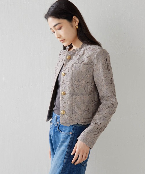 Whim Gazette（ウィムガゼット）の「レースジャケット（ノーカラージャケット・レディース・オフホワイト/モカ・FREE）」の7枚目の写真