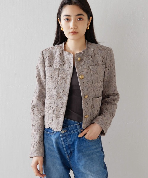 Whim Gazette（ウィムガゼット）の「レースジャケット（ノーカラージャケット・レディース・オフホワイト/モカ・FREE）」の3枚目の写真