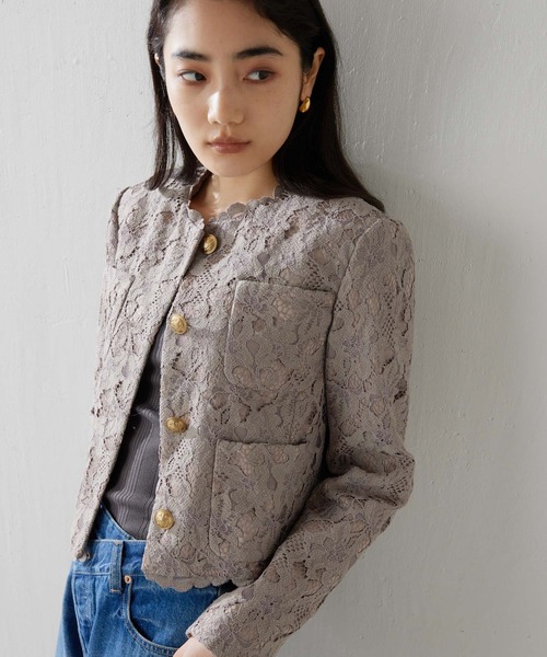 Whim Gazette（ウィムガゼット）の「レースジャケット（ノーカラージャケット・レディース・オフホワイト/モカ・FREE）」の6枚目の写真