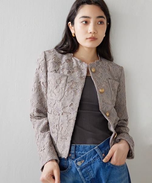 Whim Gazette（ウィムガゼット）の「レースジャケット（ノーカラージャケット・レディース・オフホワイト/モカ・FREE）」の11枚目の写真