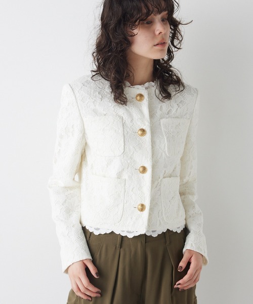 Whim Gazette（ウィムガゼット）の「レースジャケット（ノーカラージャケット・レディース・オフホワイト/モカ・FREE）」の20枚目の写真