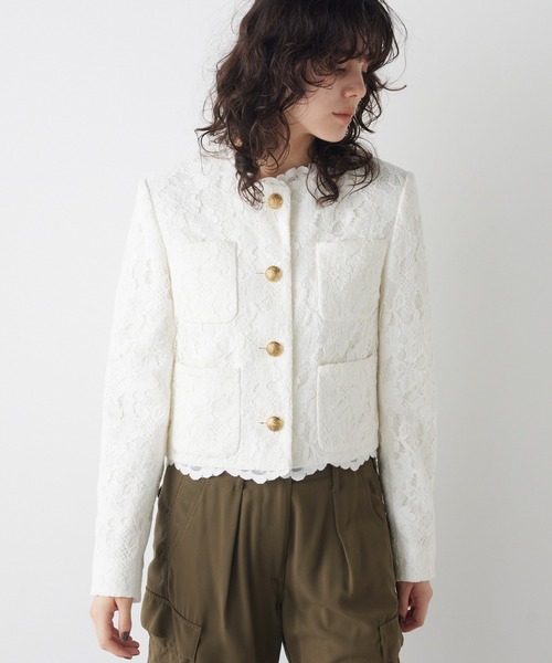 Whim Gazette（ウィムガゼット）の「レースジャケット（ノーカラージャケット・レディース・オフホワイト/モカ・FREE）」の13枚目の写真