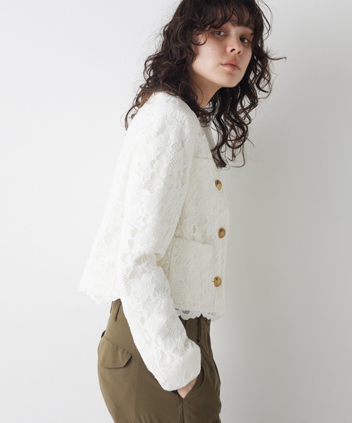 Whim Gazette（ウィムガゼット）の「レースジャケット（ノーカラージャケット・レディース・オフホワイト/モカ・FREE）」の19枚目の写真