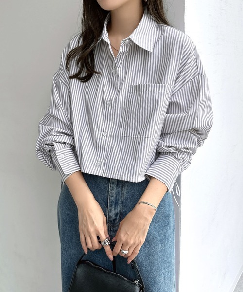 andme（アンドミー）の「無地/ストライプショート丈リボンシャツブラウス（シャツ/ブラウス・レディース・オフホワイト/ライトブルー/グレー×ホワイト/ネイビー×ホワイト・M）」の3枚目の写真