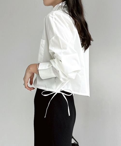 セール】無地/ストライプショート丈リボンシャツブラウス（シャツ