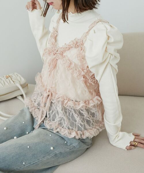 MAJESTIC LEGON（マジェスティックレゴン）の「フリルレースシアービスチェ（キャミソール・レディース・ブラック/ピンクベージュ/ホワイト系その他・MEDIUM）」の3枚目の写真