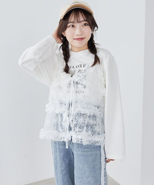 MAJESTIC LEGON（マジェスティックレゴン）の「フリルレースシアービスチェ（キャミソール・レディース・ブラック/ピンクベージュ/ホワイト系その他・MEDIUM）」の4枚目の写真