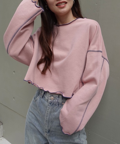 CORNERS（コーナーズ）の「配色ステッチ裏毛ショートトップス（スウェット・レディース・ピンク/オートミール/チャコールグレー/ブルー・M）」の4枚目の写真