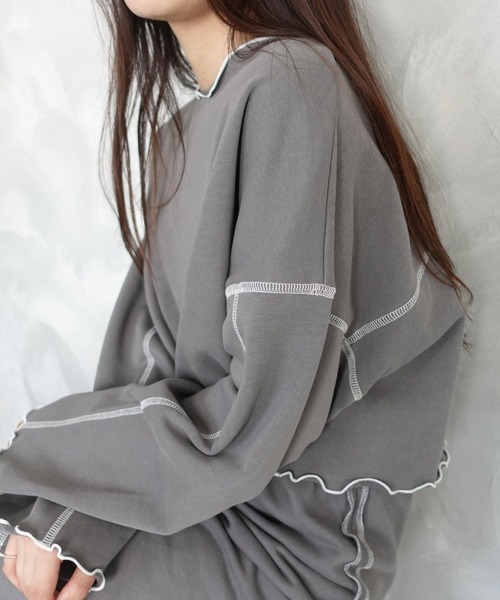 CORNERS（コーナーズ）の「配色ステッチ裏毛ショートトップス（スウェット・レディース・ピンク/オートミール/チャコールグレー/ブルー・M）」の10枚目の写真